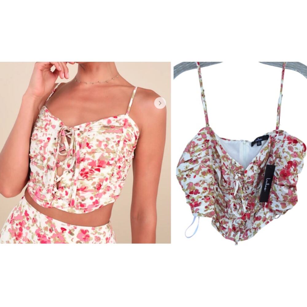 Lulus Lace up Cami soft corset Floral Tank Top Creme Pink Pleated Coquette XL